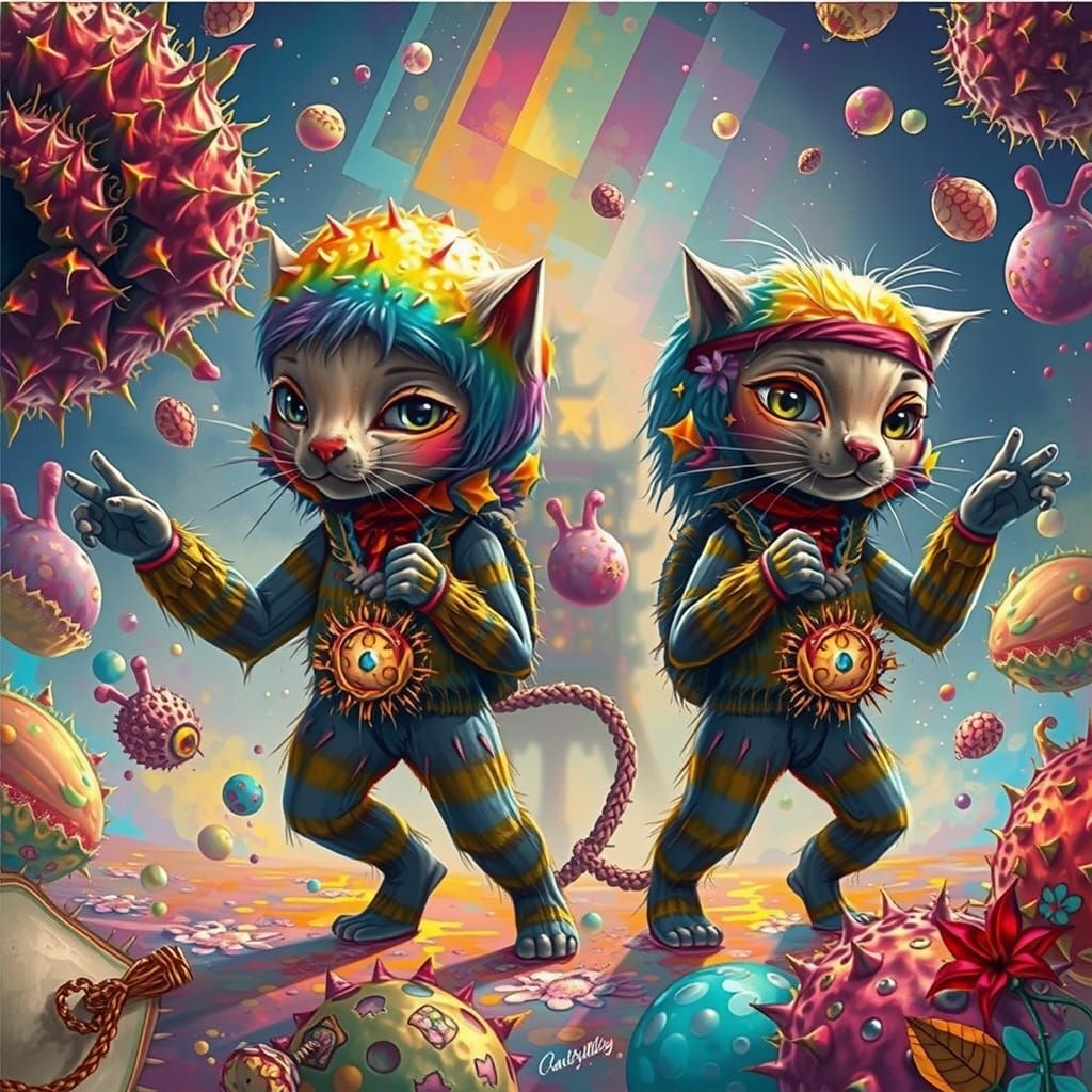 Whimsical Feline Durian Creature in Vibrant, Prickly Splendo...