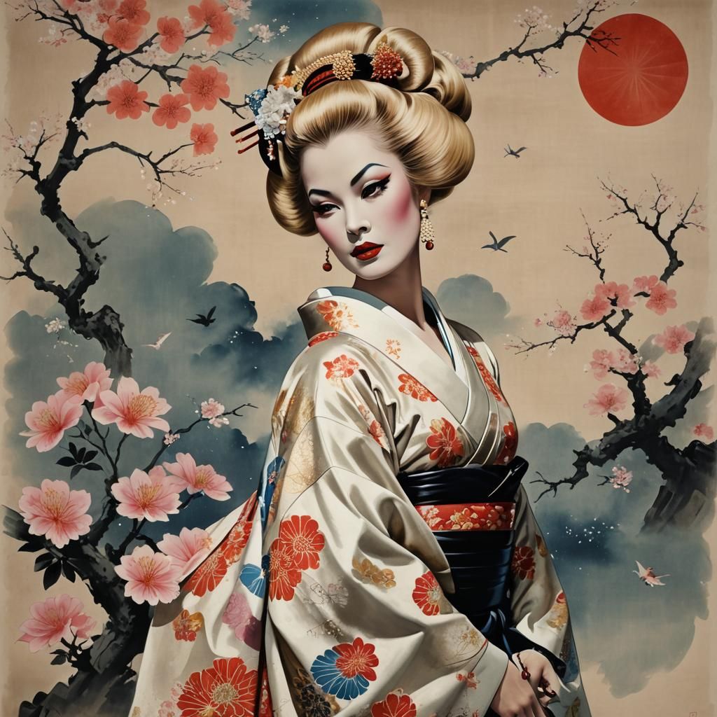 Geisha in Ito Jakuchi Style with Nebula Art