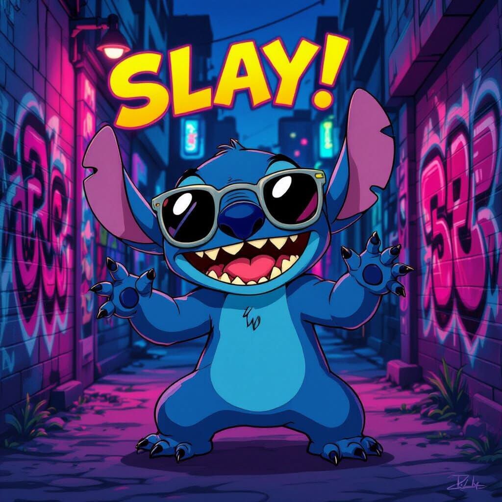 Stitch Enthusiastically Saying Slay in Graffiti Alley