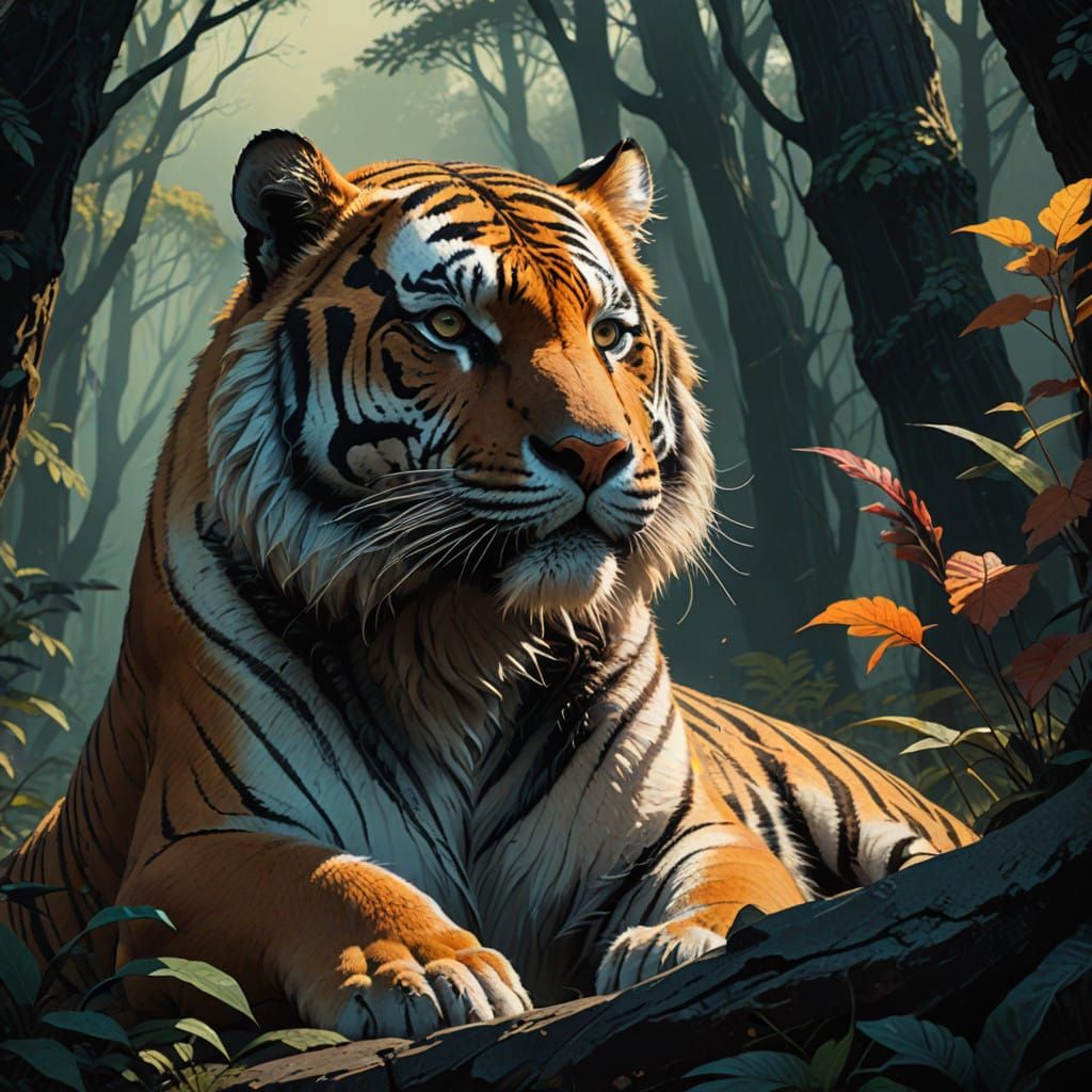 Hyperrealistic Siberian Tiger in Dramatic, Colorful Landscap...