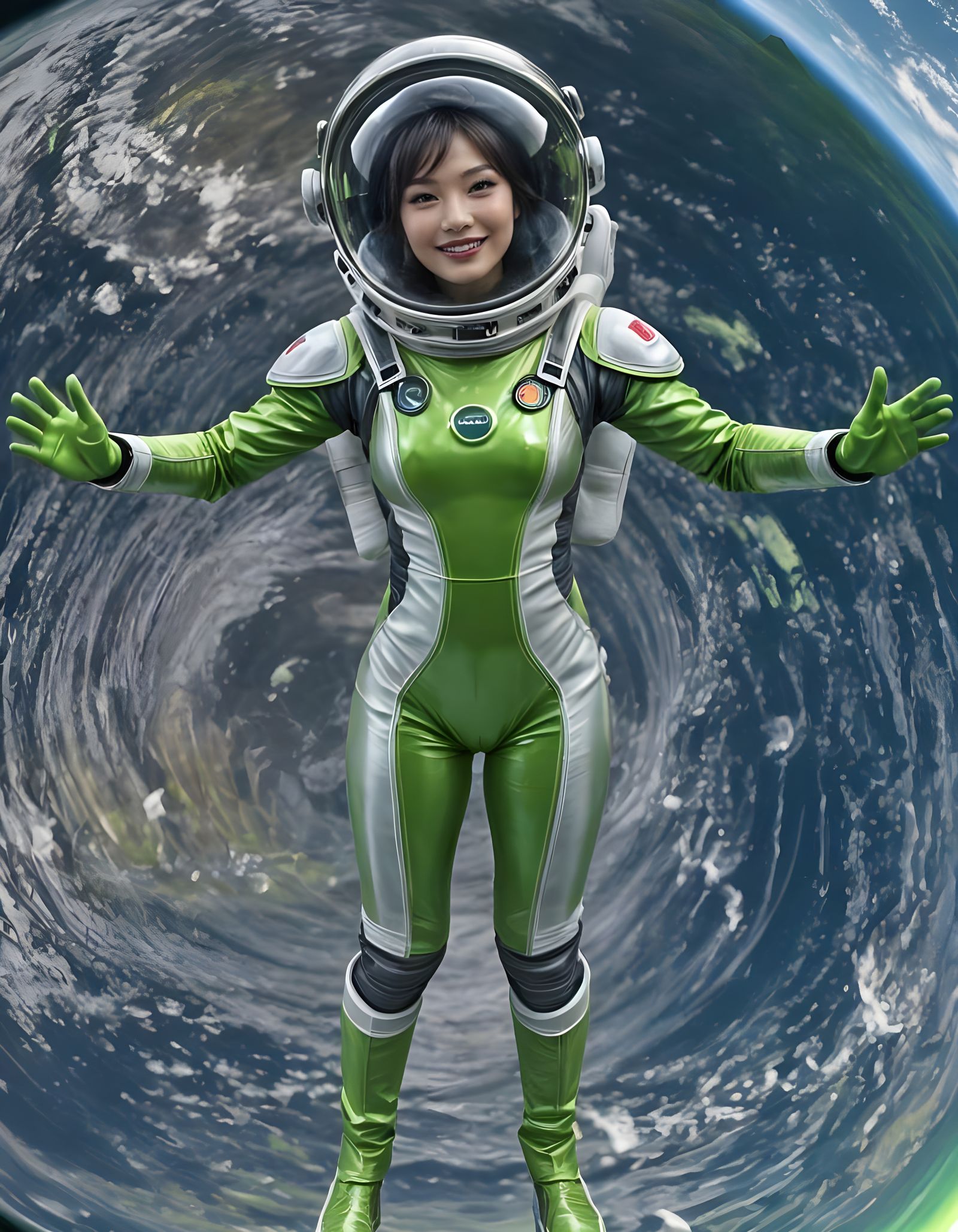 Gemma Chan, spotting a smile to the camera while floating in space
