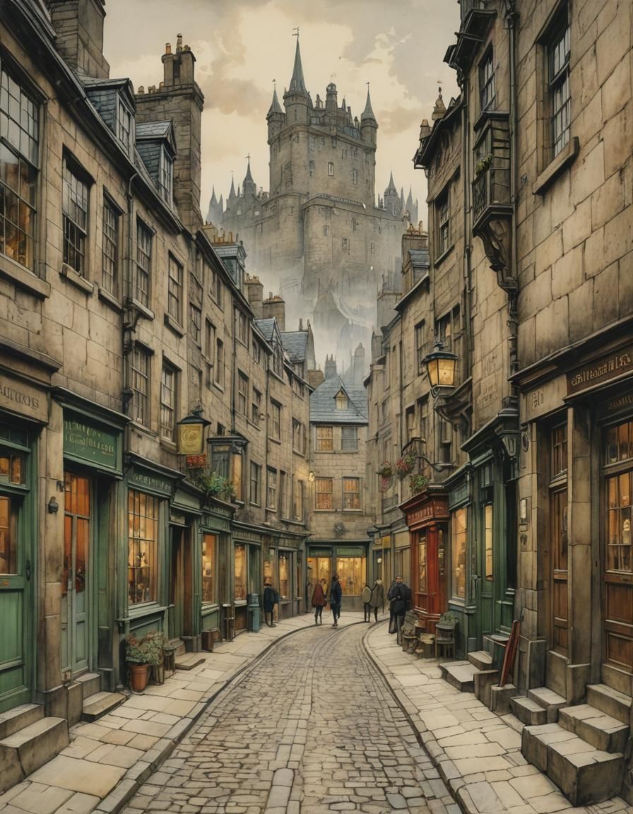 Edinburgh Street Scene in Watercolour and Ink