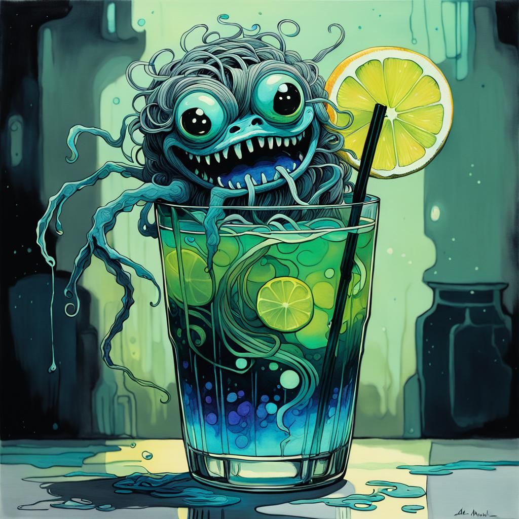 Bioluminescent Noodle Monster Sipping Cocktail, Fauvism Art