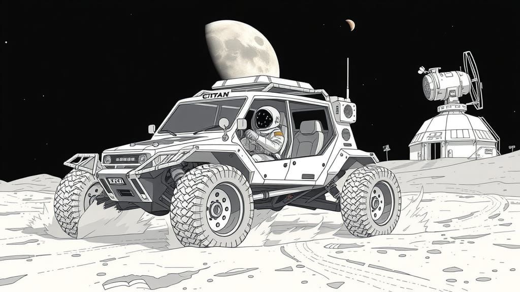 Moon Car Rides Across Lunar Surface in a Ligne Claire Style