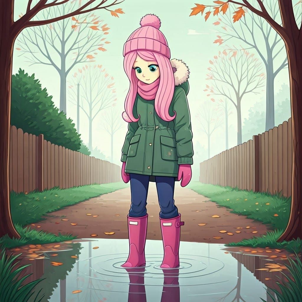Fluttershy Reflecting in Autumn Garden Puddle