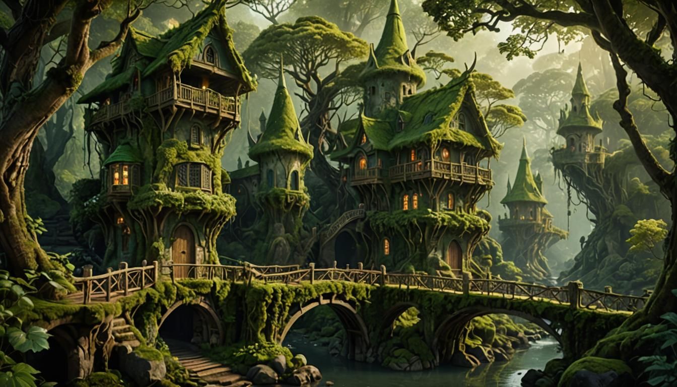 Elven House in Lush Forest, Matte Painting