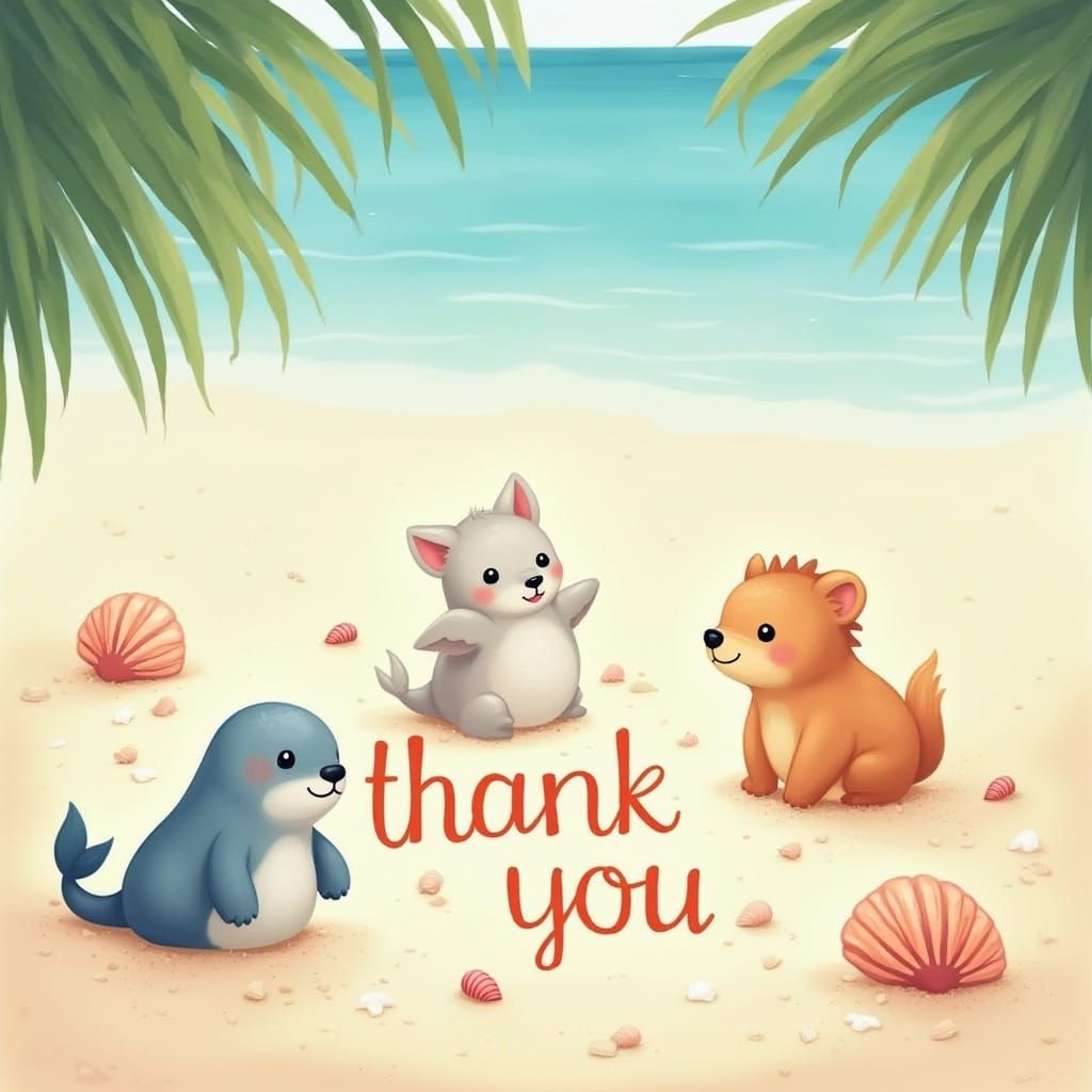 Whimsical Beach Scene with Grateful Animals and Ocean Shells