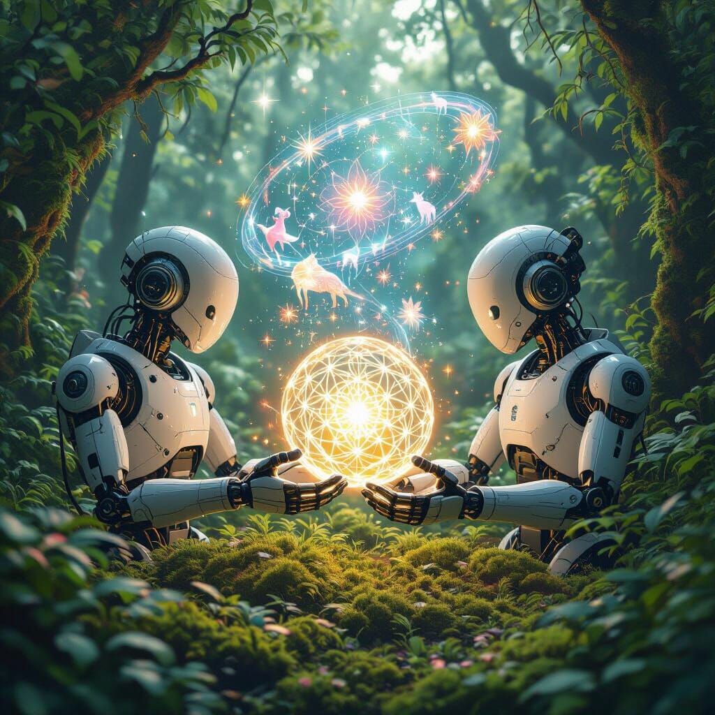 Robots in Mossy Forest with Glowing Spheres