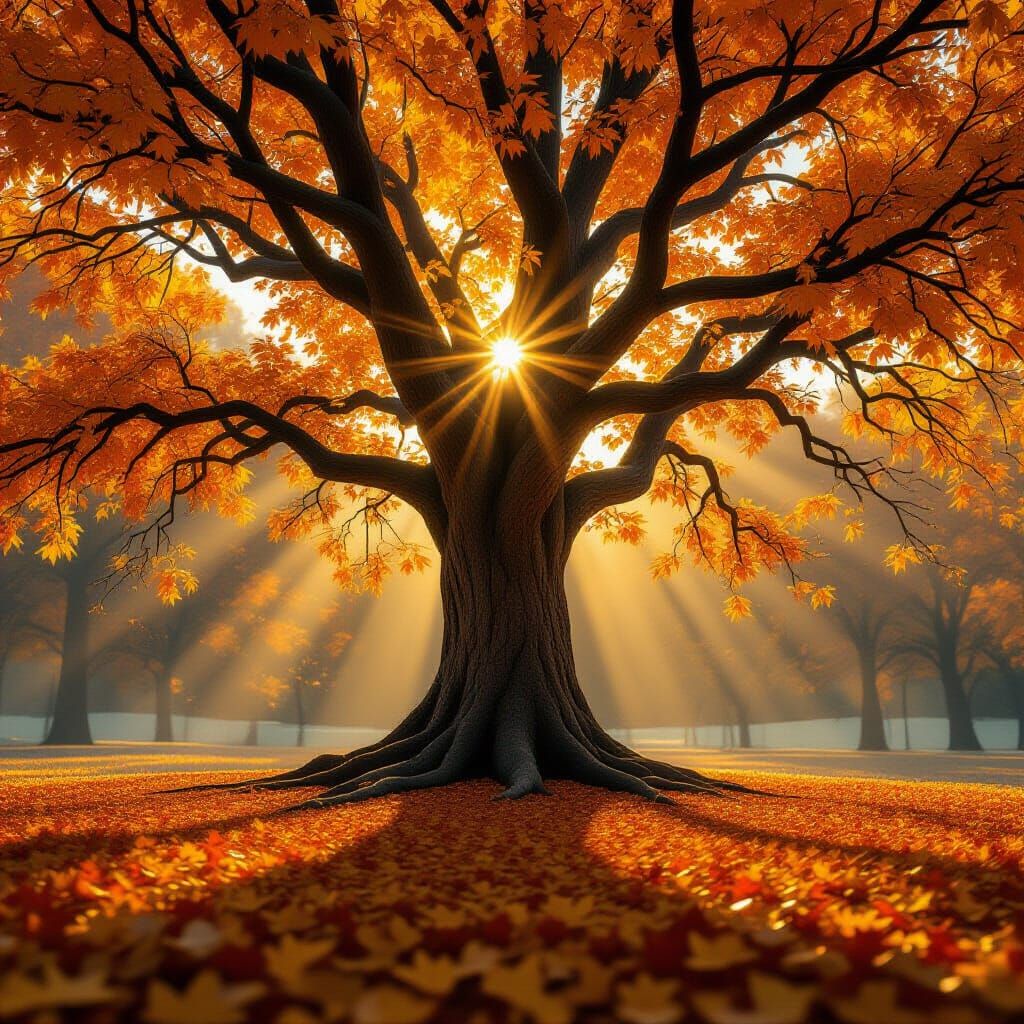 The autumn tree stands among golden leaves, and the rays of ...