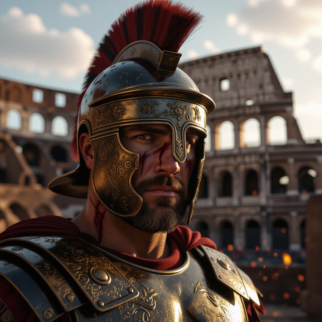 Roman Gladiator Portrait in Dramatic Firelight