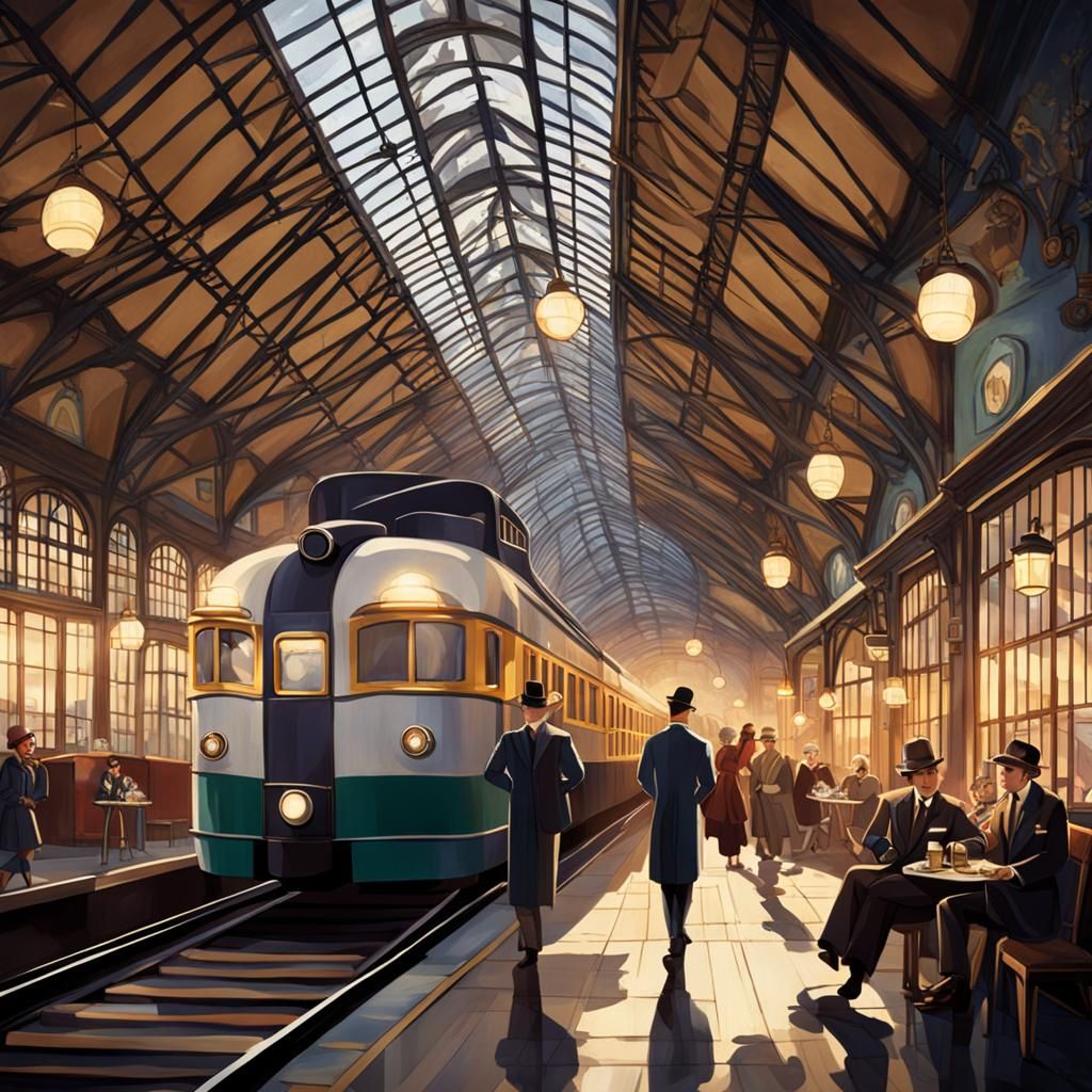 Vintage Train Station With Jazz Cafe, Digital Art