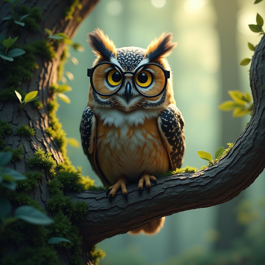 Wise Owl in Glasses: Hyper-Realistic Forest Scene