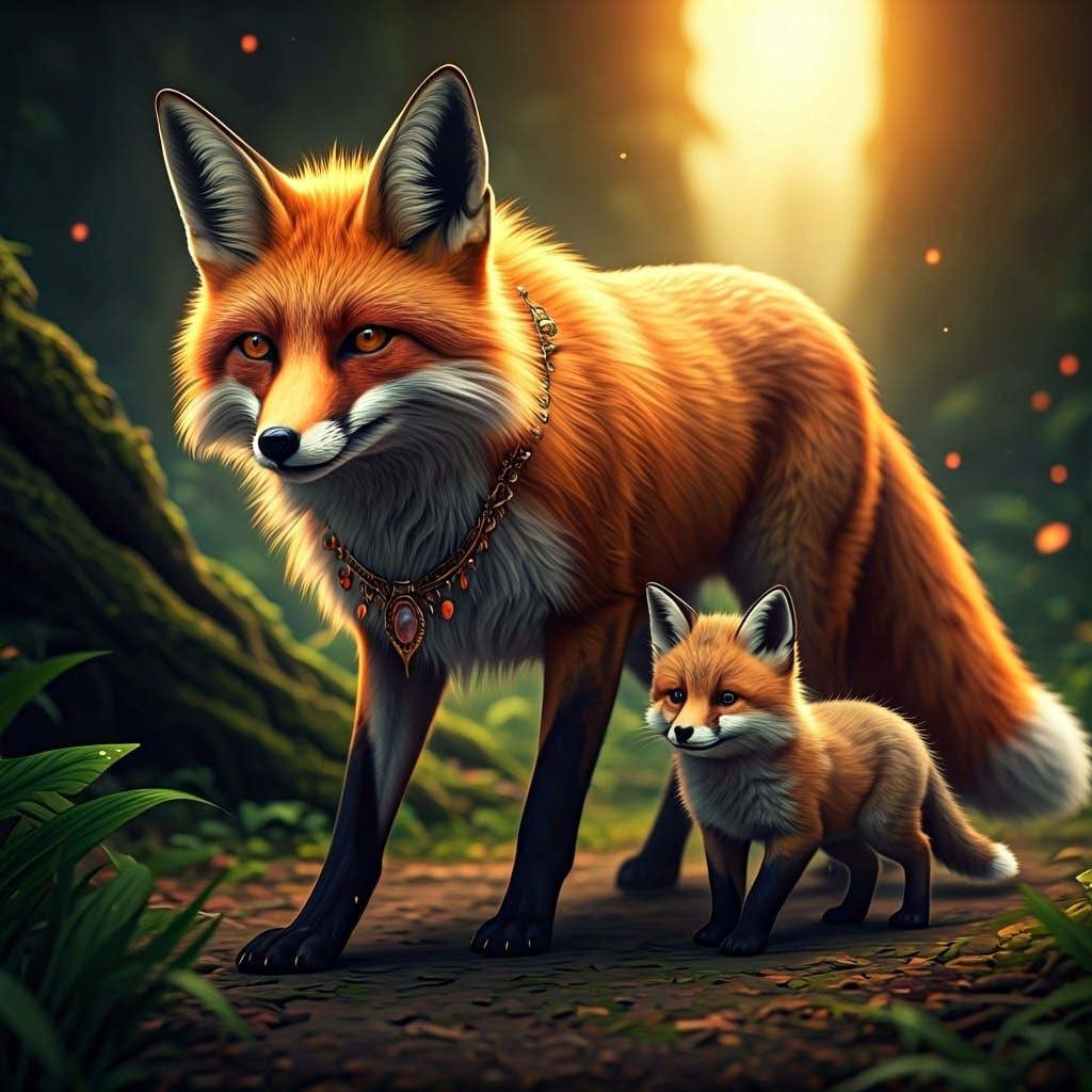 Anthropomorphic Fox Mother and Cub in Lush Forest