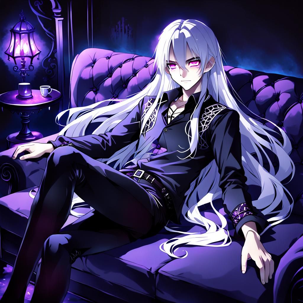 Anime Style Man with Glowing Eyes on Gothic Couch