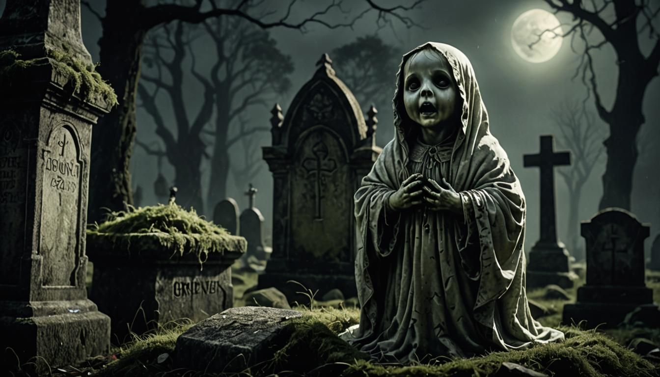 Scared Baby Ghost in Cemetery: Gothic Horror Illustration