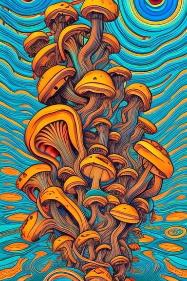 Psychedelic Melting Mushrooms with Hidden Faces