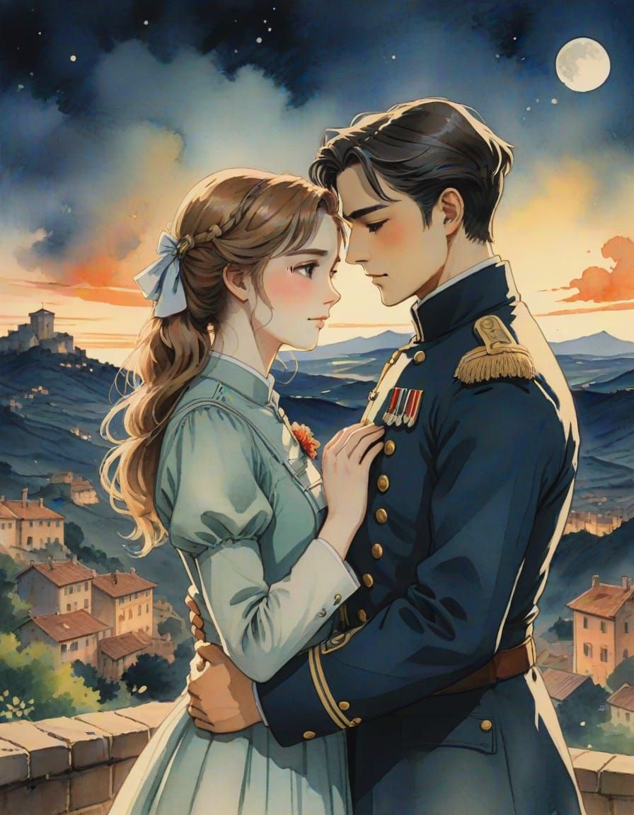 Romantic Anime Portrait in a Moonlit Italian Landscape