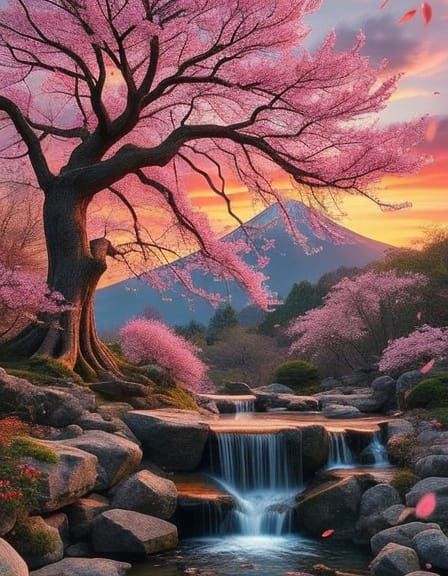 Surreal Zen Garden Waterfall at Sunset