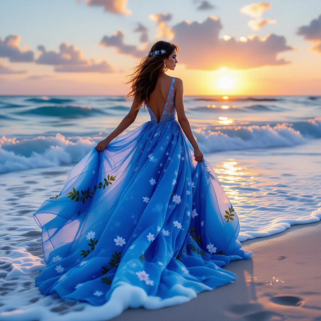Woman in Water Gown Emerges from Ocean, Ethereal Style