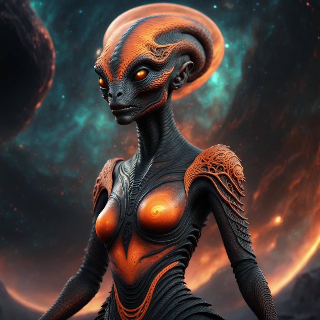 Reptilian Alien in Nebula Dress: Fantasy Concept Art