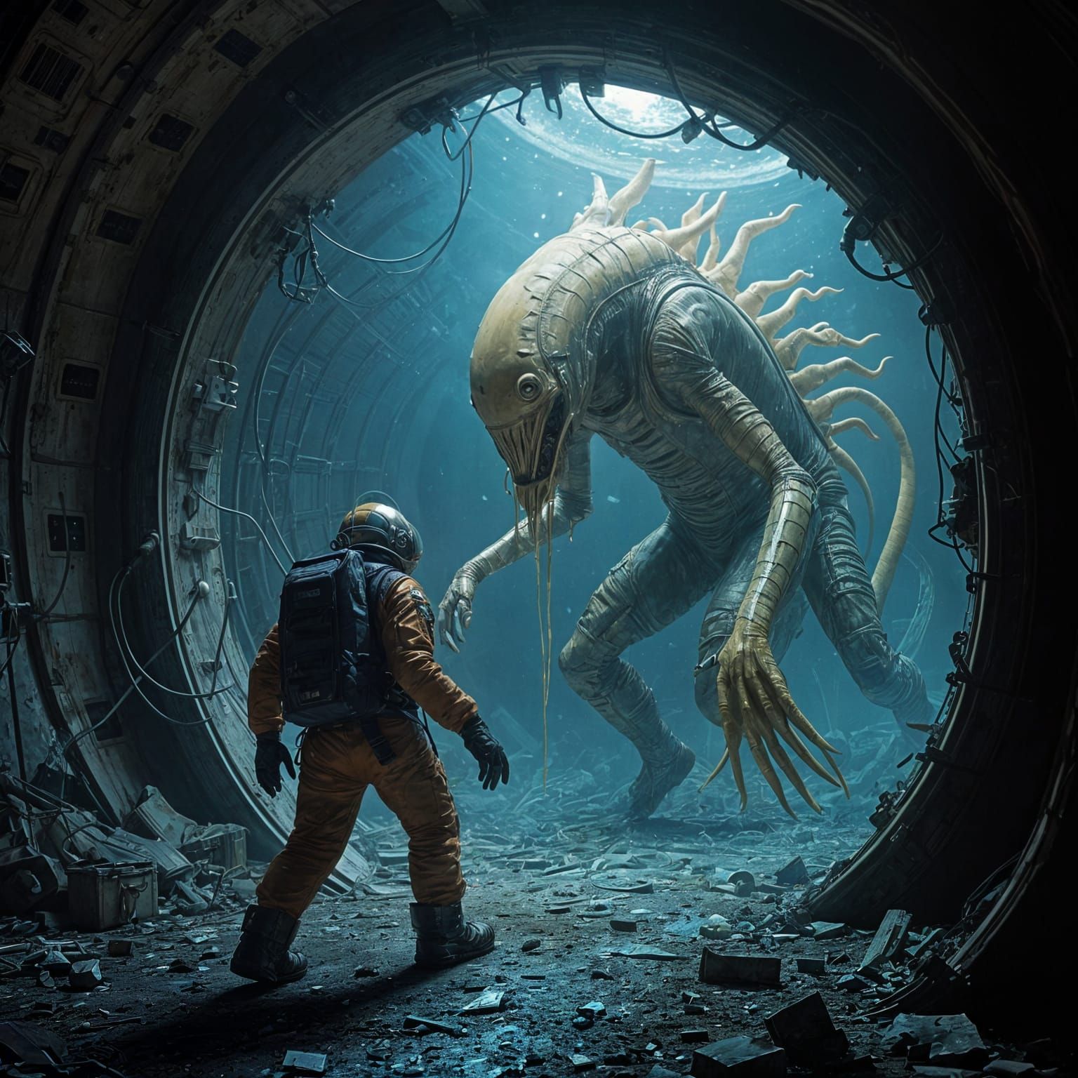 Alien Terrorizes Astronaut in Damaged Spacecraft