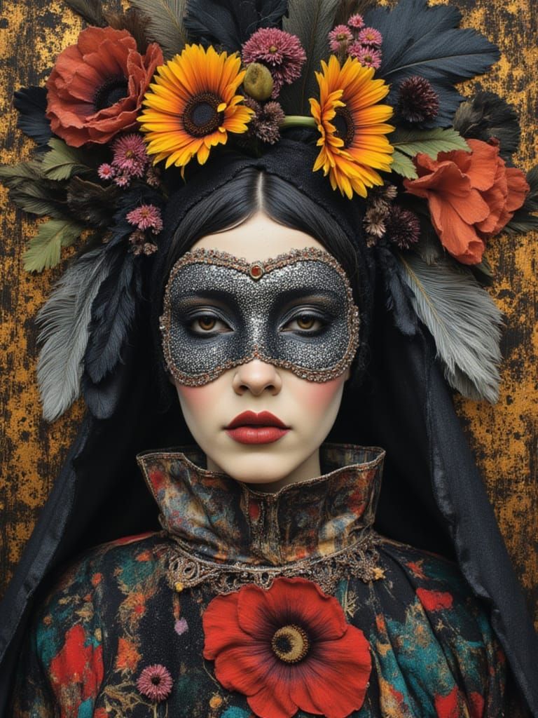 Bohemian Carnival Portrait with Flowers and Feathers