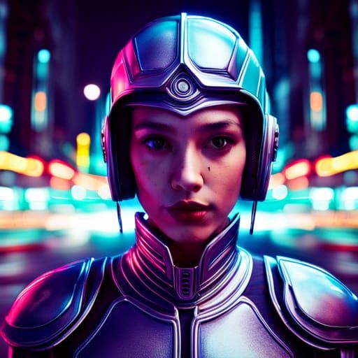 Cyborg Girl Portrait in Neon Cityscape