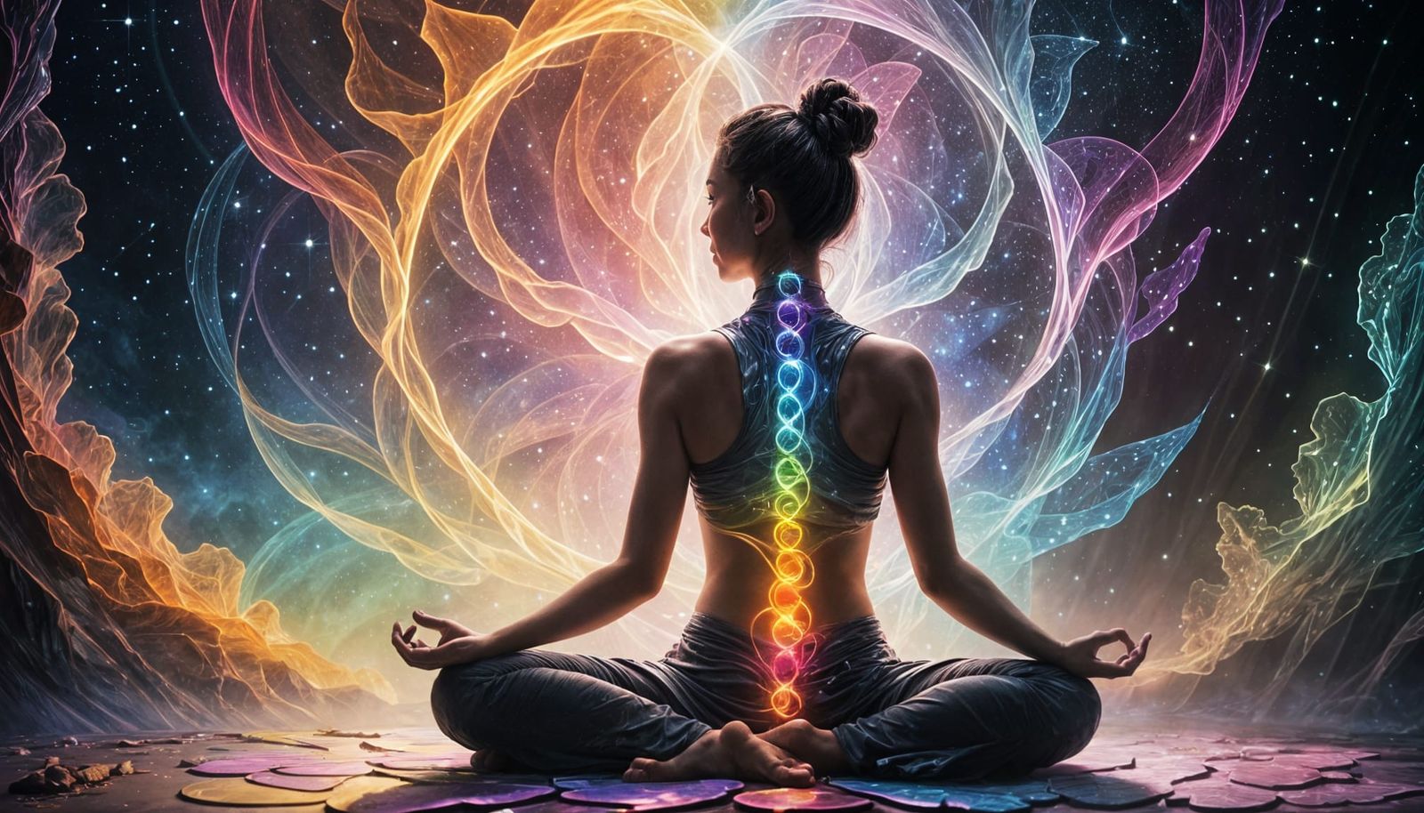 Transparent Couple in Lotus Pose with Rainbow Aura