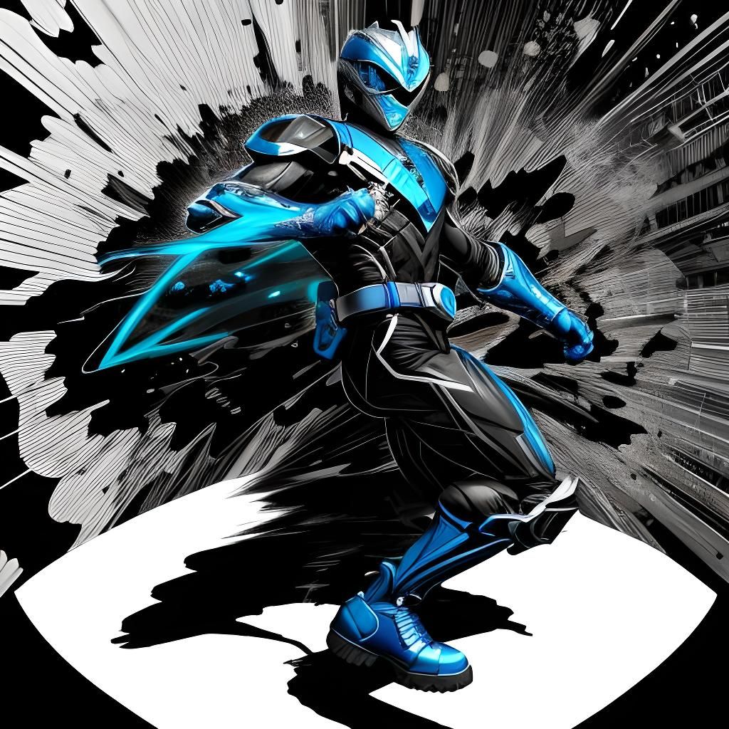 Blue Power Ranger in Black and White Scribble Art