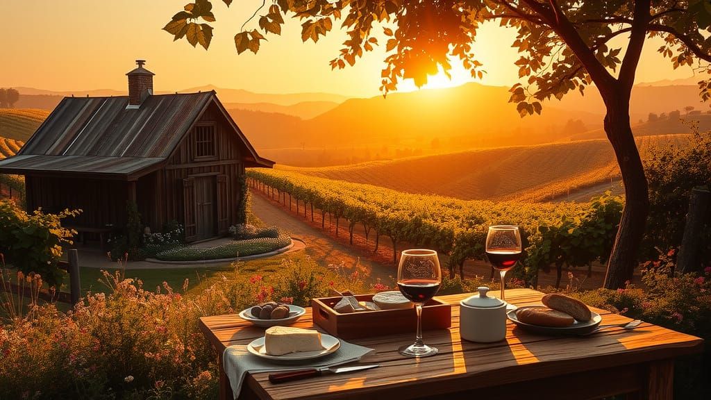 Warm Golden Light in a Serene Vineyard Landscape