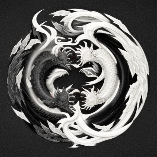 Yin and Yang Dragons in Dark Fantasy Style
