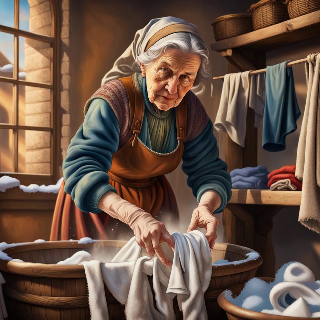 Renaissance Style Old Woman Washing Clothes