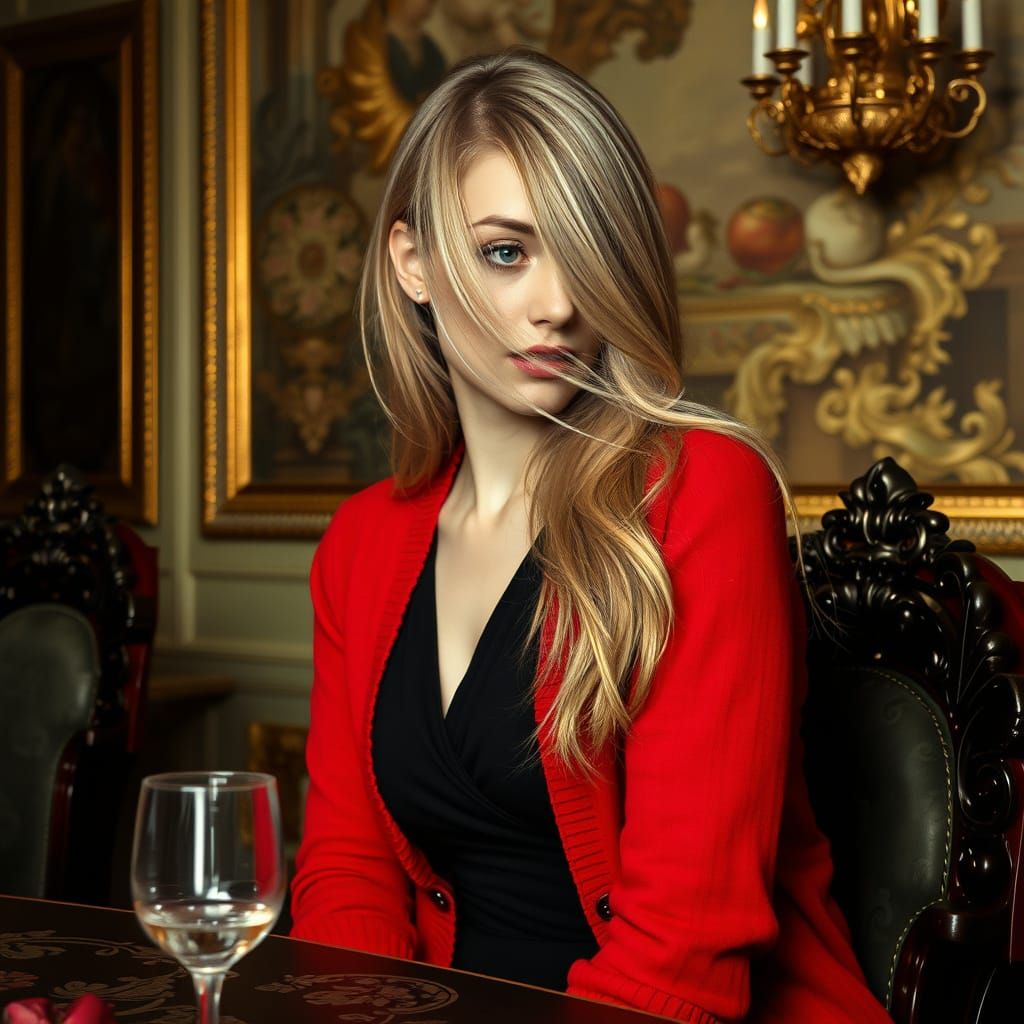 Elegant Woman in Black Dress, Art Nouveau Style