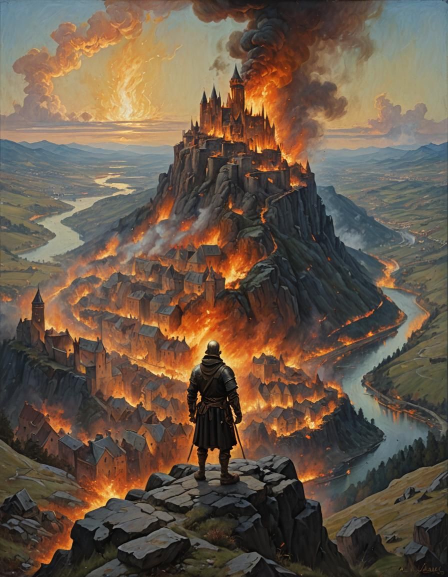 Burning Medieval City Watched from Mountain: Oil Painting