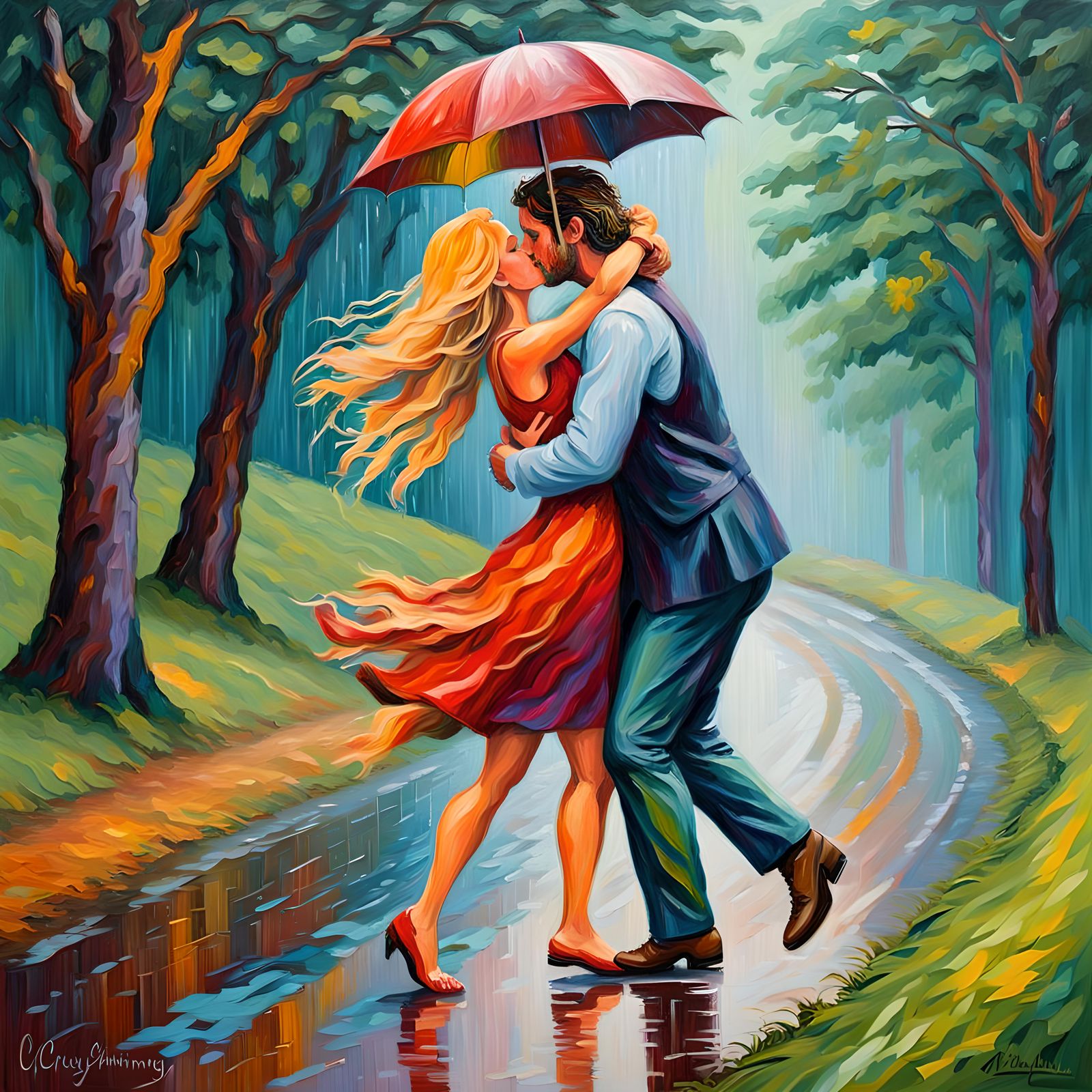 Romantic Rainbow Kiss in Neo-Impressionistic Style