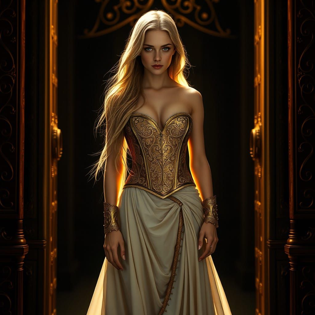 Elegant Woman in Ornate Gown with Gold Accents