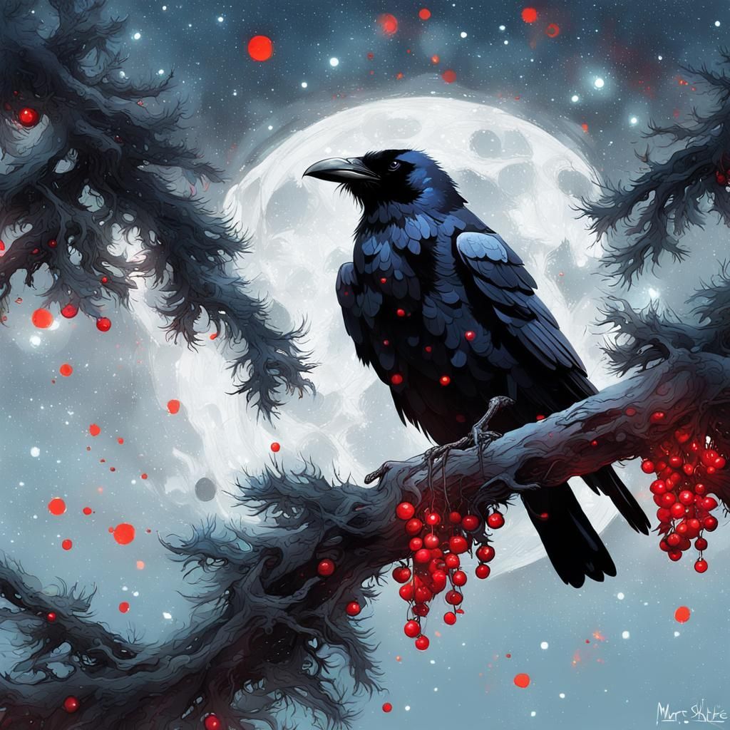 Raven in a yew tree evening