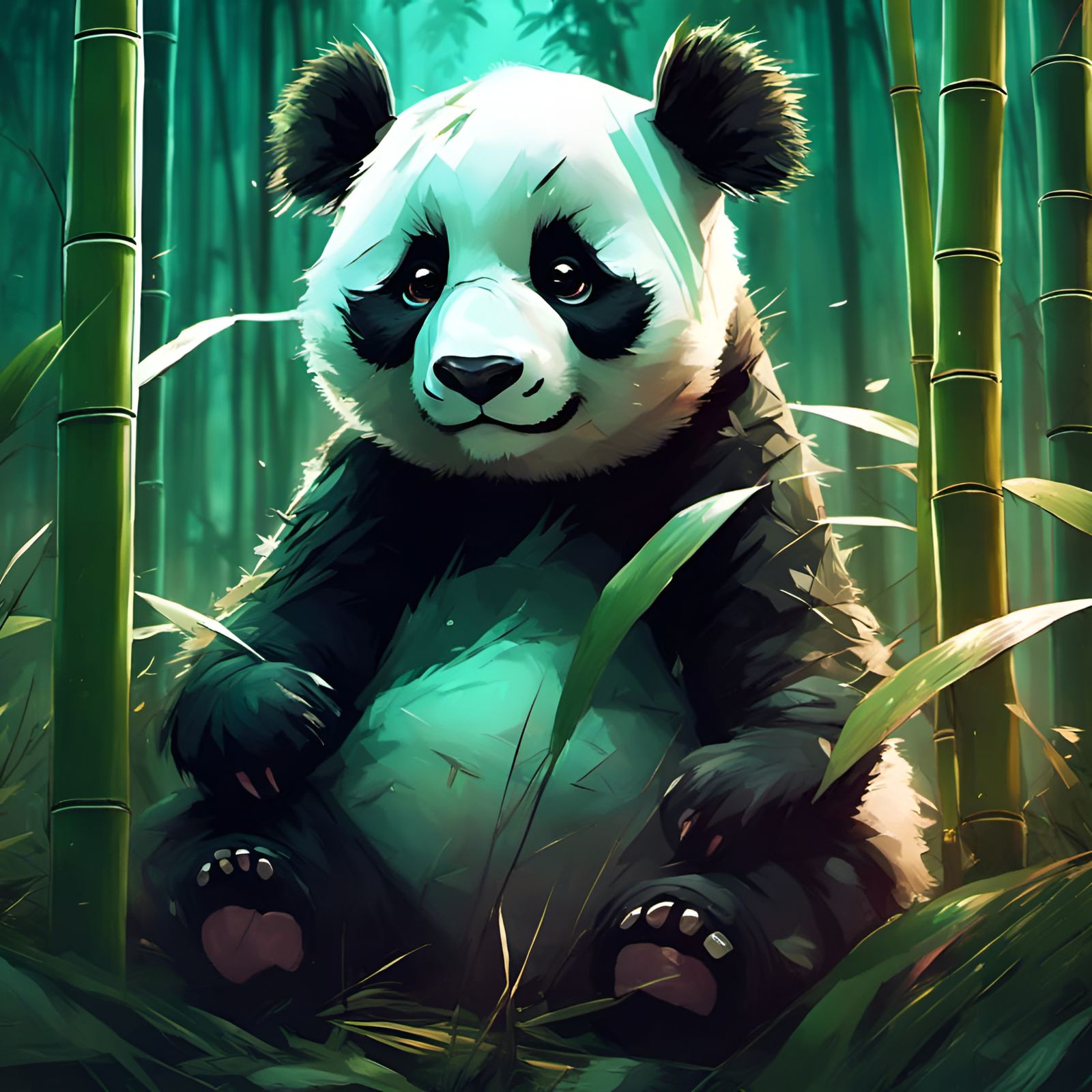 Chibi Panda Ghost in Moonlit Bamboo Forest