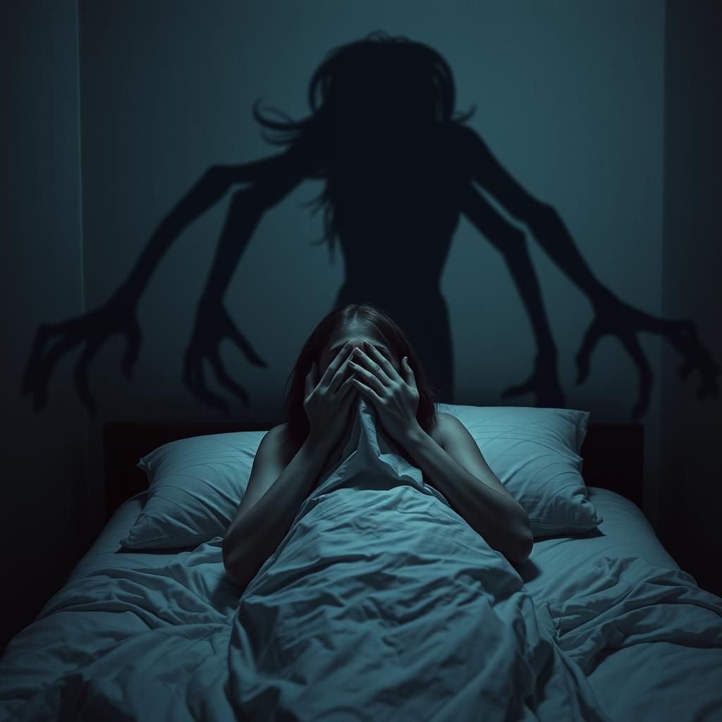 Ominous Shadow Figure Threatens Woman in Bed
