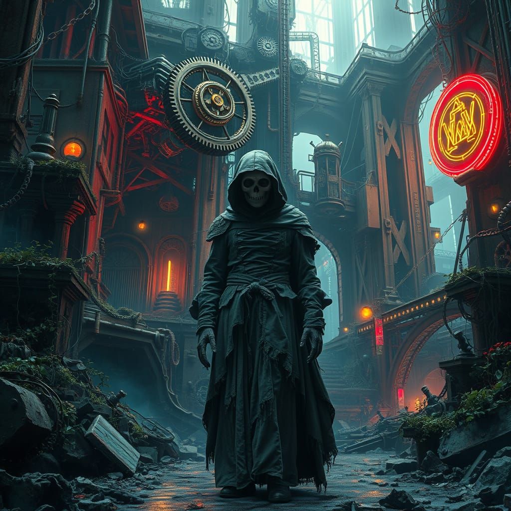 Ghostly Figure Haunts Steampunk Cyberpunk Ruins
