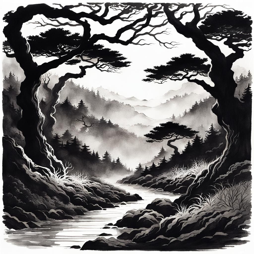 Eldritch Forest in Sumi-e Style