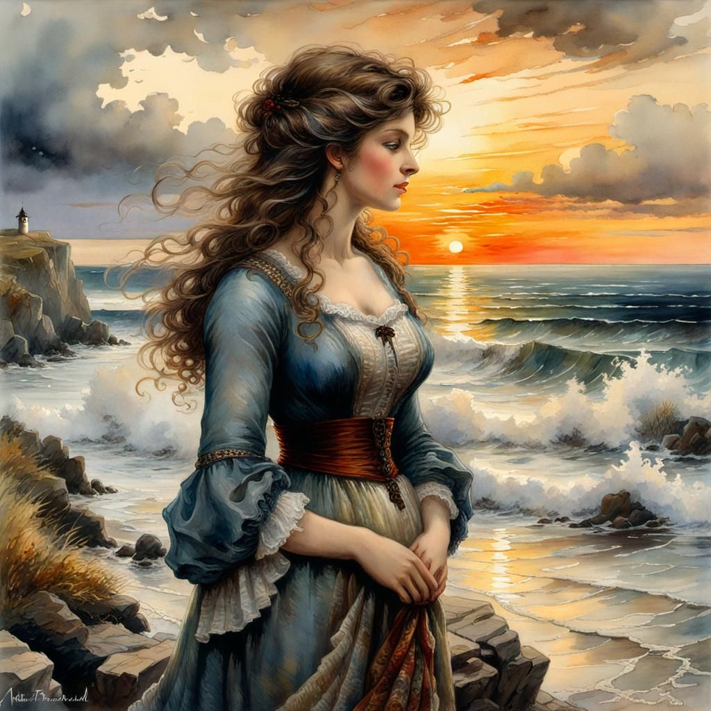 Melancholic Woman Gazing at Sunset in Watercolor