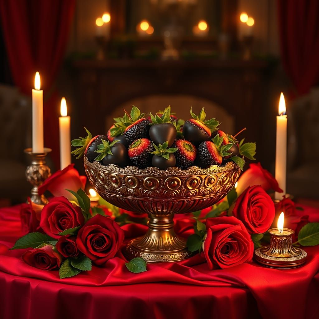 Elegant Chocolate Dessert in Golden Bowl with Red Roses