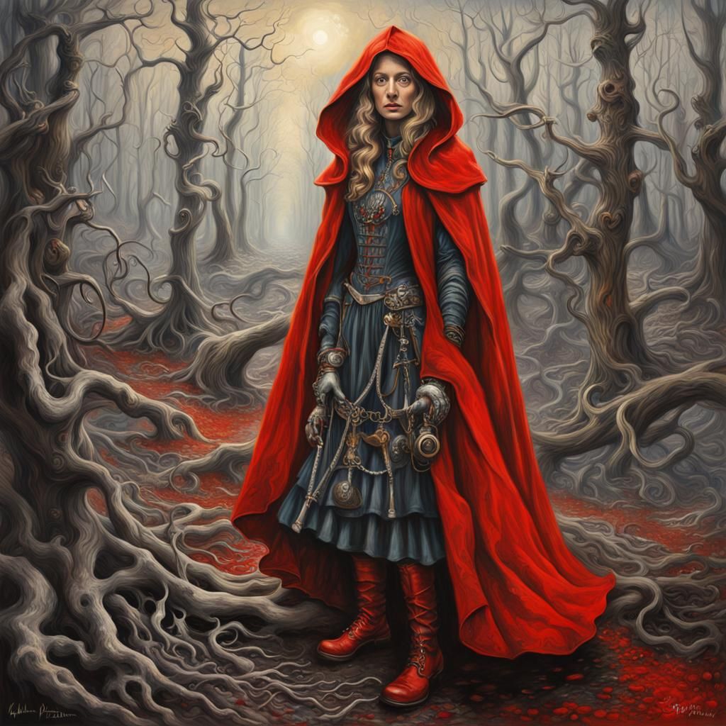 Surreal Steampunk Woman in Red Hood Oil Painting