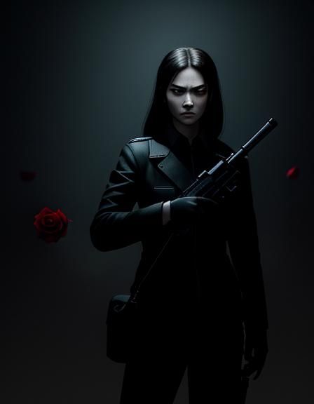 Girl with Gun and Rose: Cinematic Film Still