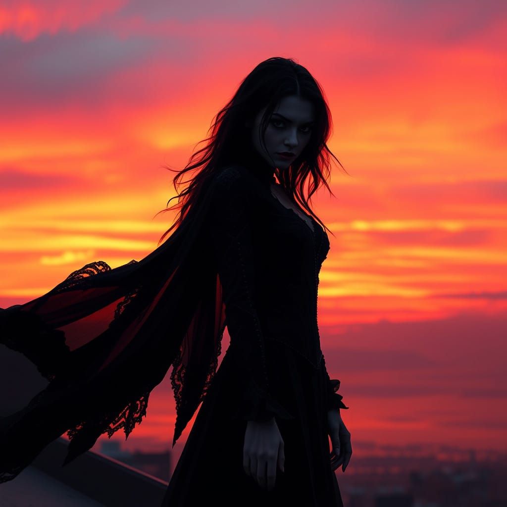 Vampire standing on a rooftop against a colorful sunset