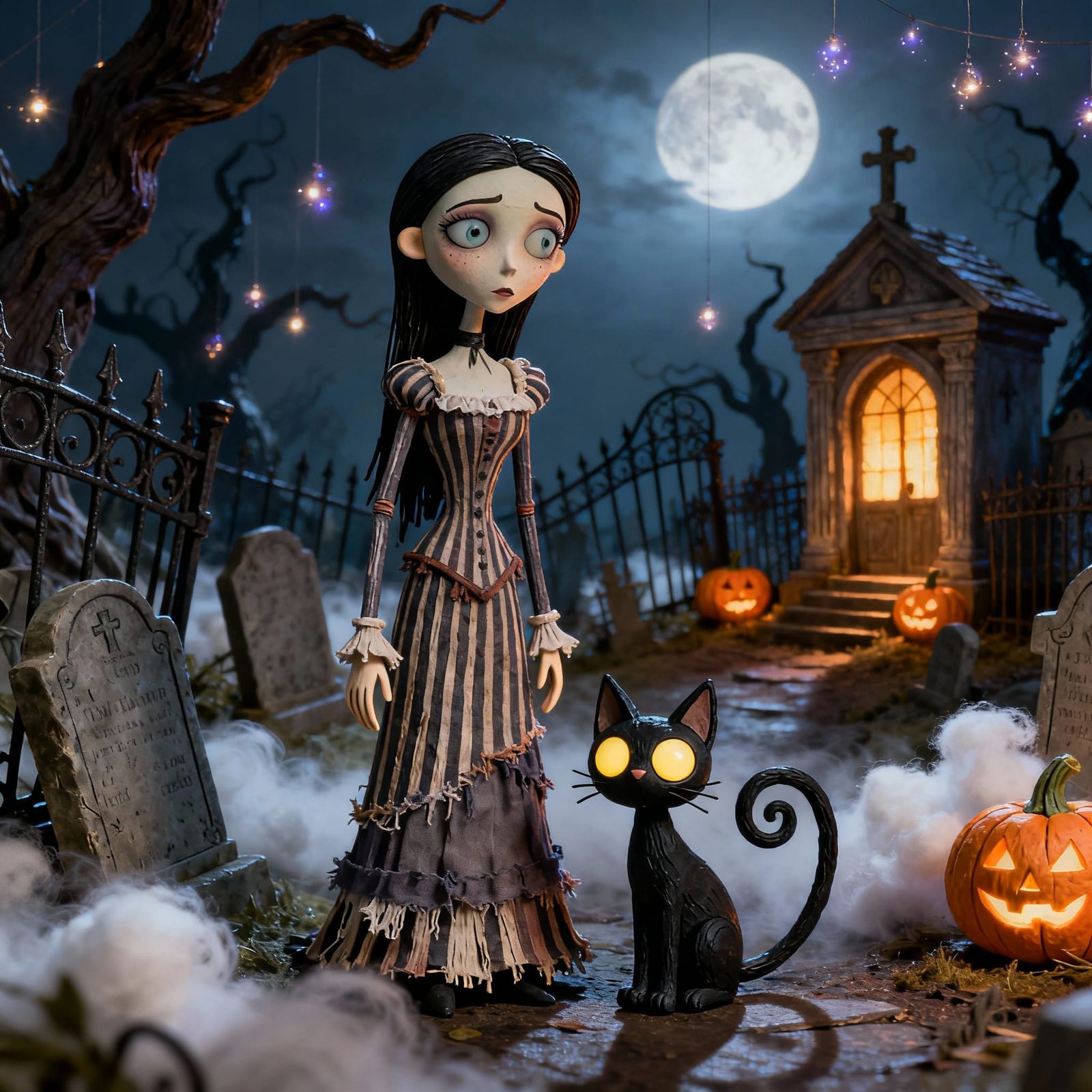Tim Burton Style Girl With Black Cat in Cemetery