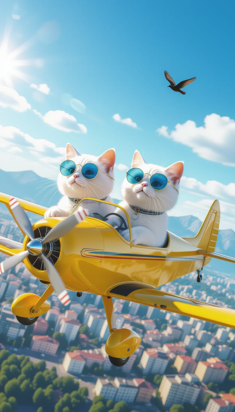 Cats in Sunglasses Pilot Plane Over City