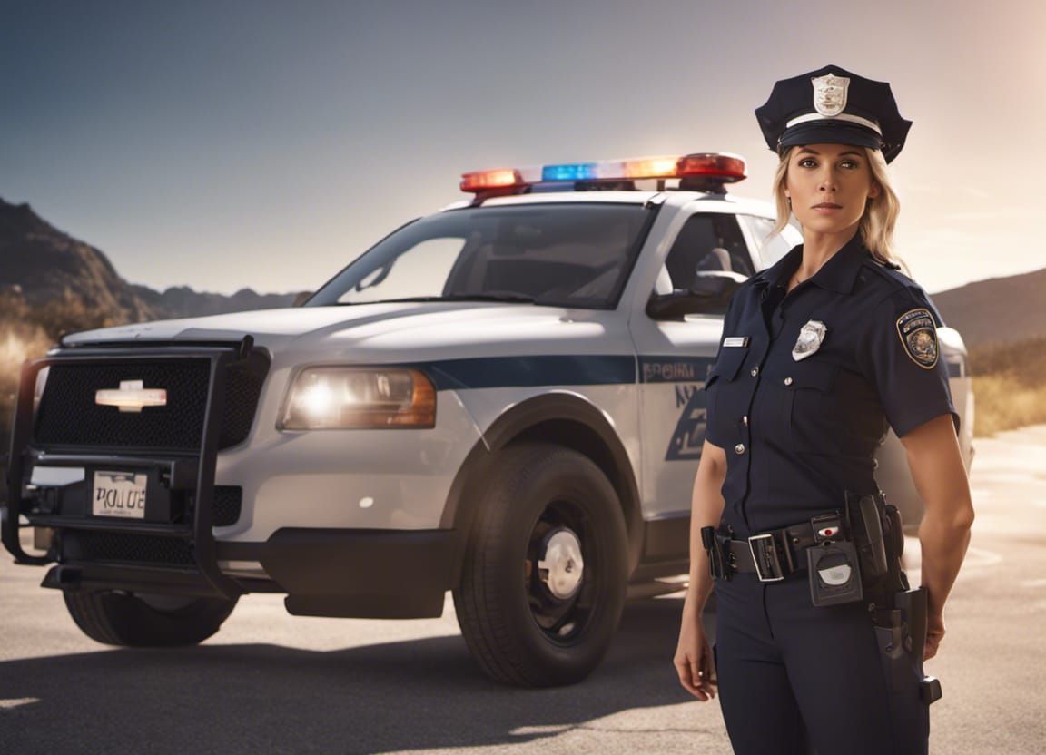 American Police Officer Beside Car, Movie Poster Style