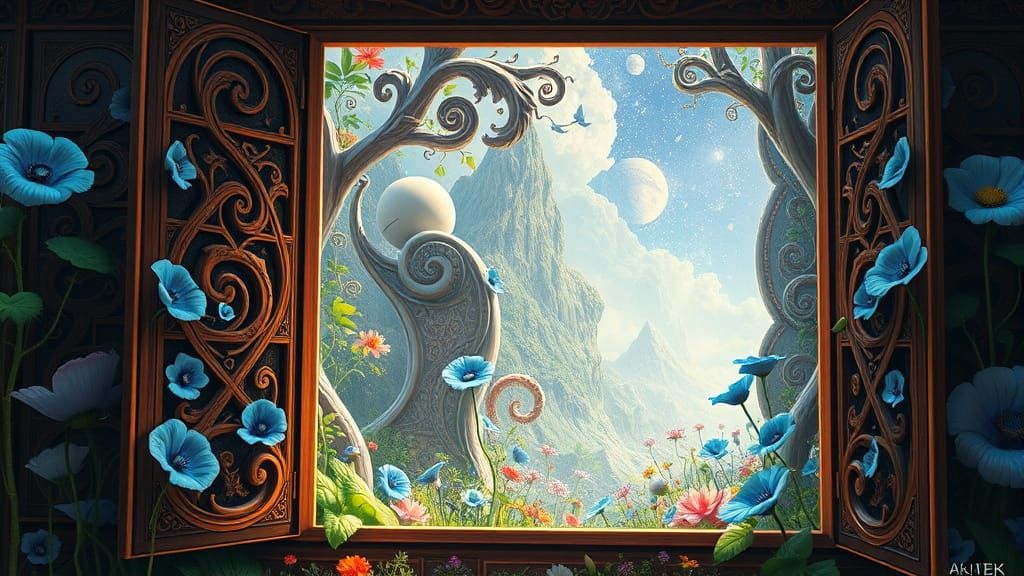 Intricate Wooden Window Frames Reveal Cosmic Dreamscape